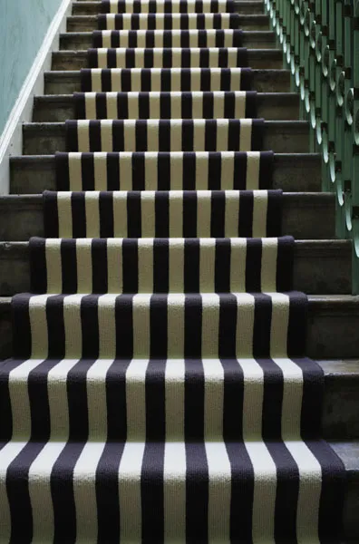 Black and bone striped runner fitted up a flight of stone stairs beside a green railing.
