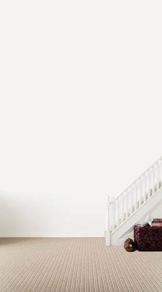 Fine-striped oatmeal loop-pile carpet across a hallway floor and up a white staircase.